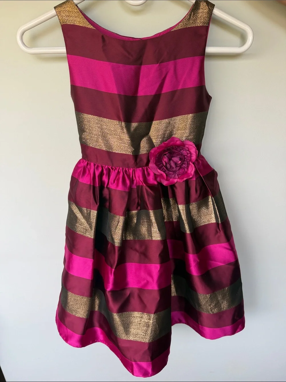 Girls Fuchsia and Gold Striped Party Dress with Bow